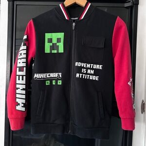 RARE Red & Black Minecraft Creeper TNT Boom Bomber Jacket Size 10-11 yrs Varsity
